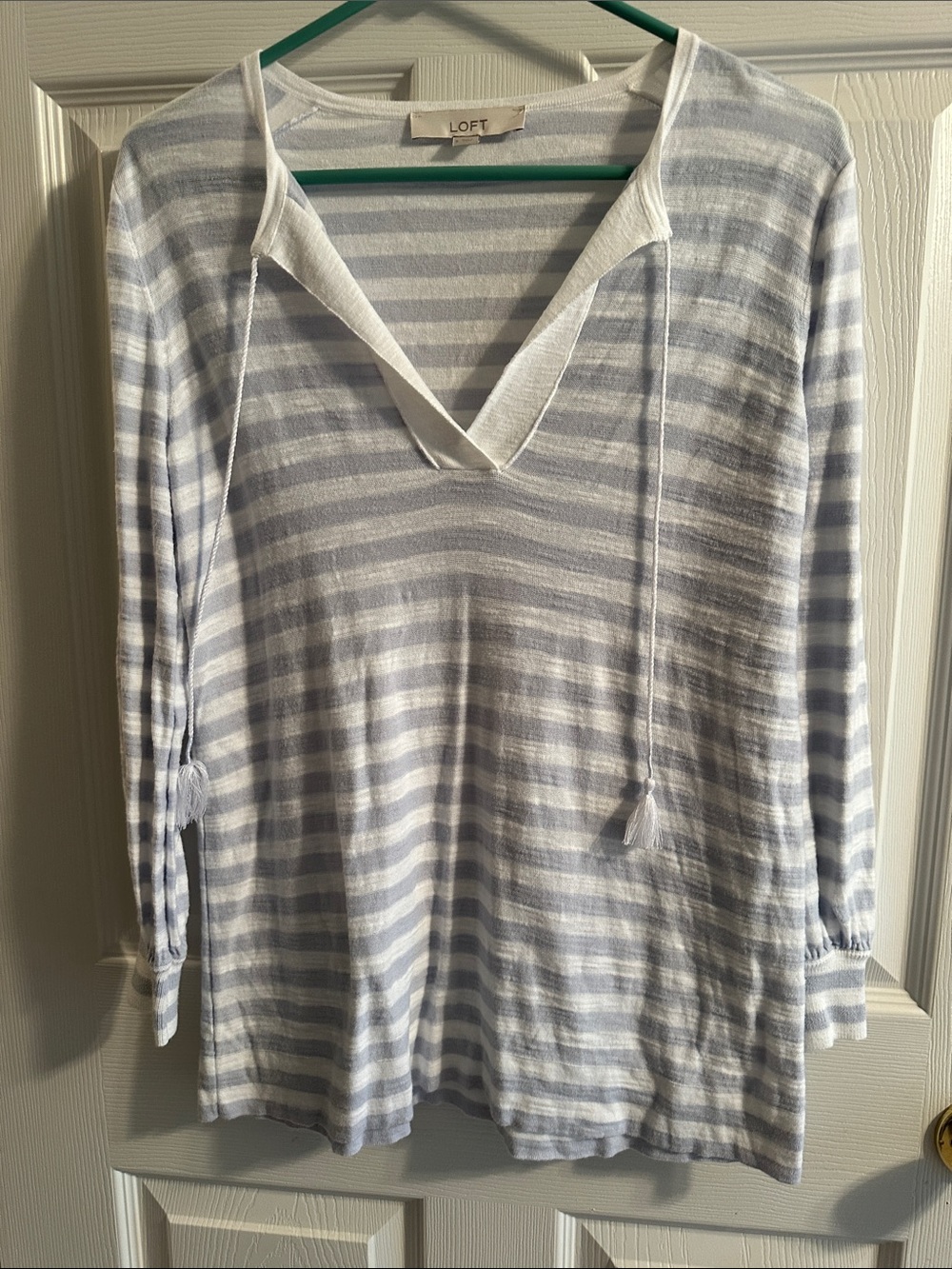 LOFT Light Blue & White Striped V-Neck Tie Pullover